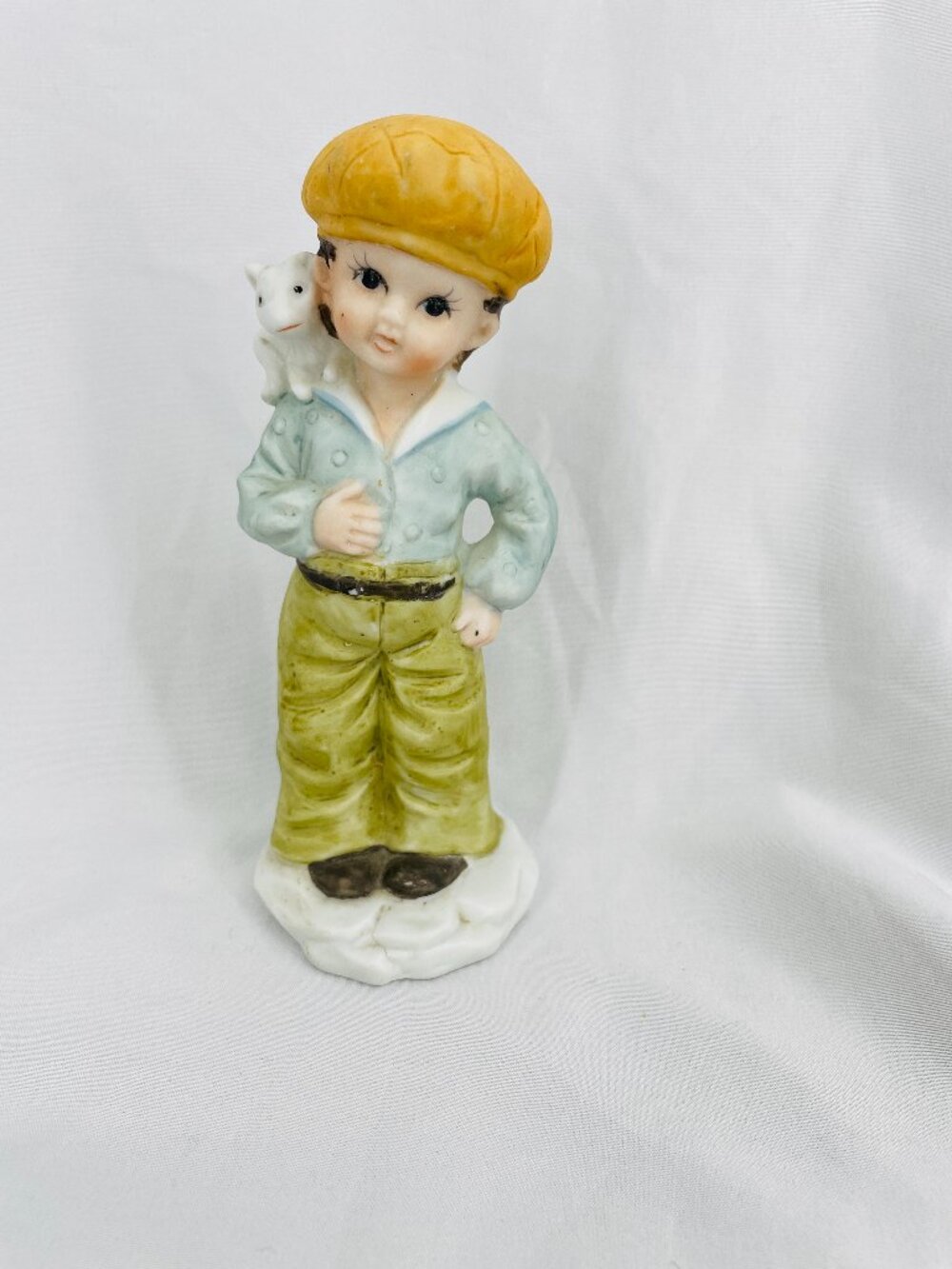J Vazquez Vintage RARE Boy in Yellow Cap with Cat Figurine